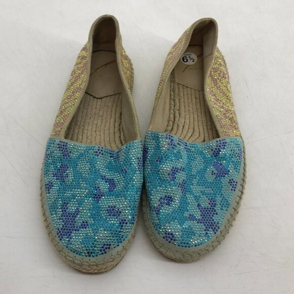 Brian Atwood Hartwell rhinestone  blue tan flat espadrilles women’s size 7 - Picture 4 of 15